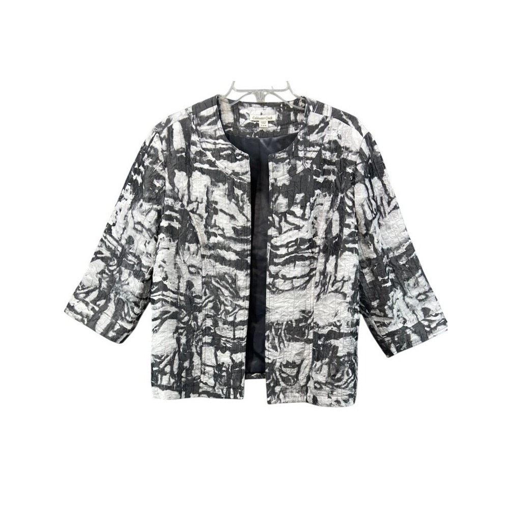 Coldwater Creek Jacket Blazer Womens L Black White Abstract Crinkle Open Front